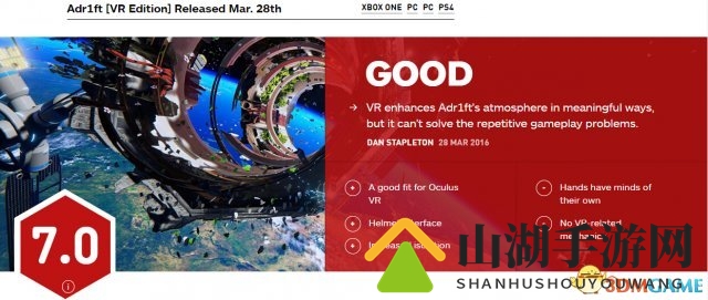 虚幻4游戏《Adr1ft》IGN评分揭晓，VR版获7分，PC版6分